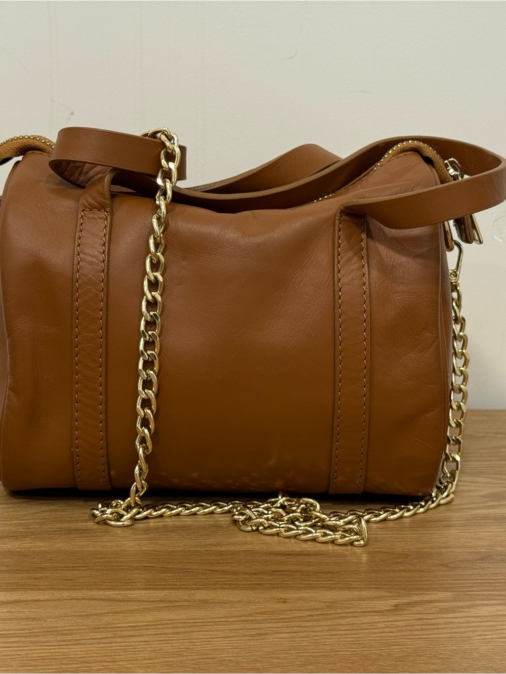 Made in ITALY Brown Leather Shoulder Bag with Gold Chain Strap